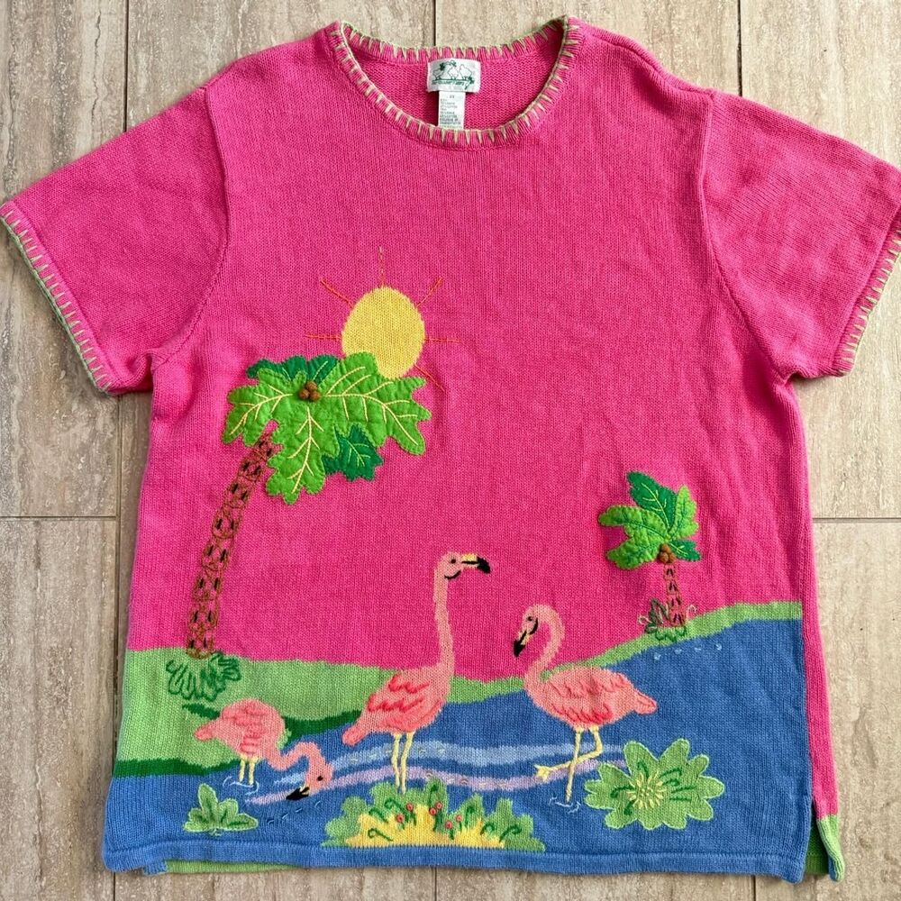 Vintage Quaker Factory Novelty Pink Flamingo Palm Tree Crewneck Shirt size 2X